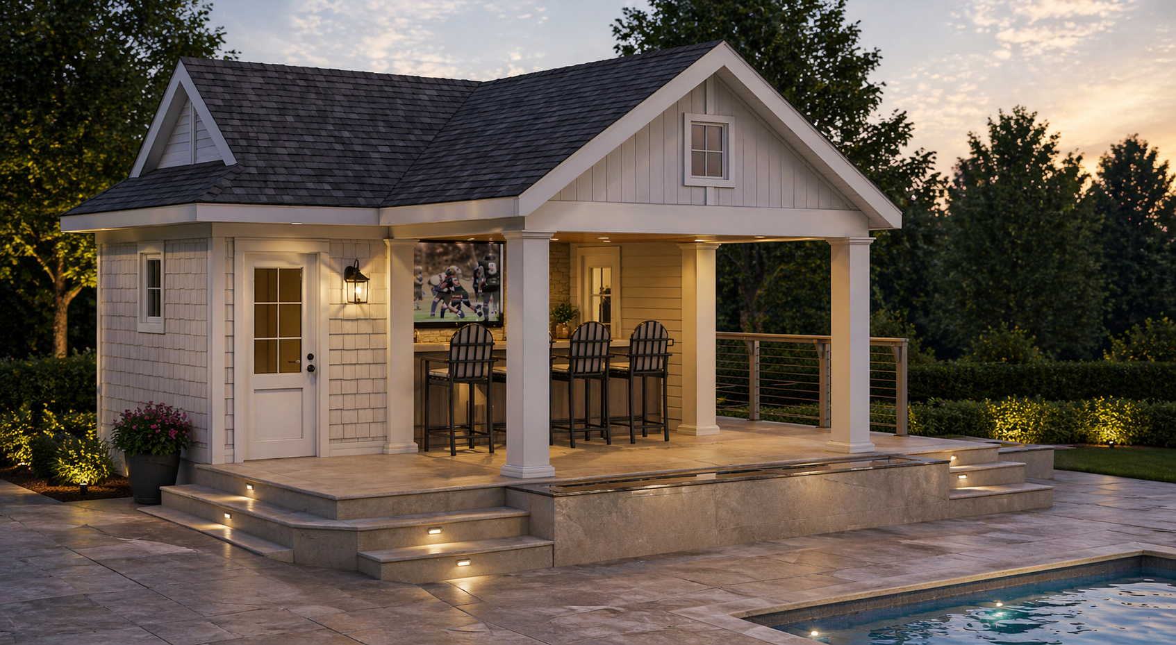 A backyard pool house at sunset with patio seating, a bar, and a nearby pool, surrounded by trees and landscaped garden lighting.