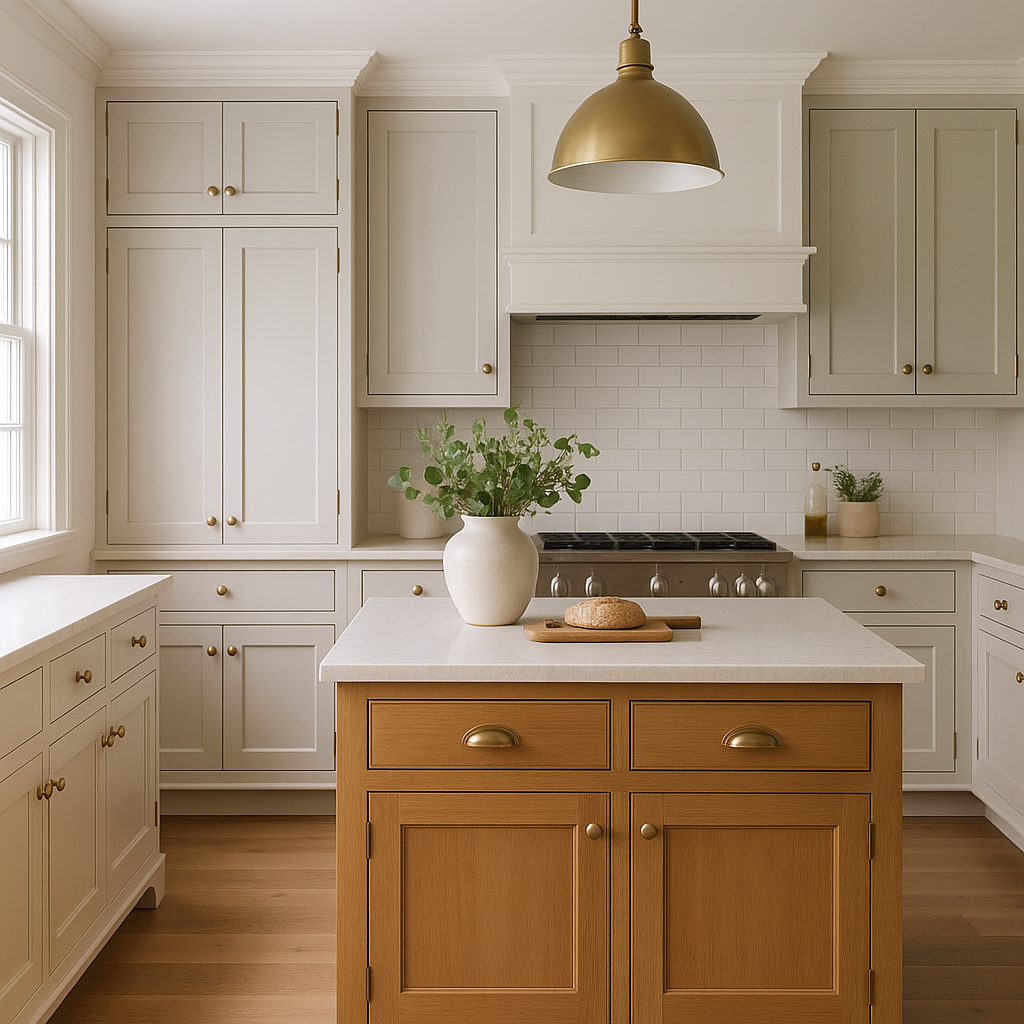 A modern kitchen with white cabinets, a central wooden island with a white countertop, a large white vase with green foliage, a loaf of bread on a cutting board, a gold pendant light, a window, and a white subway tile backsplash.