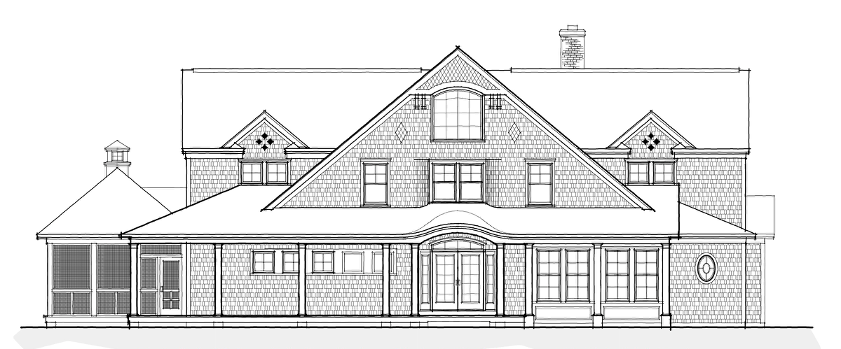 A detailed architectural drawing of a large, two-story house with multiple gables, dormer windows, a chimney, and a wraparound porch.