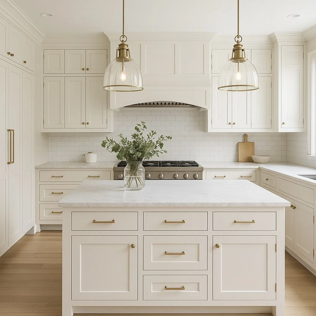 A bright, modern kitchen with white cabinetry, a marble island, brass hardware, pendant lights, and a gas stove with a white subway tile backsplash.