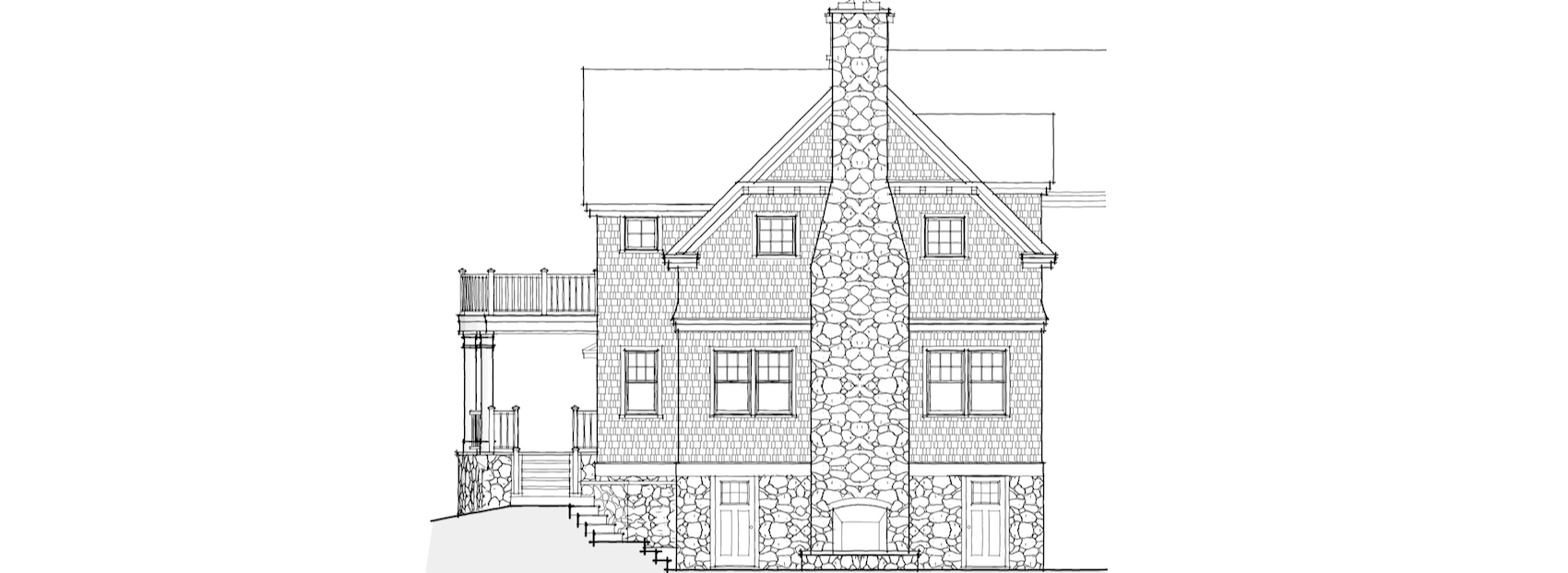 Architectural drawing of a three-story house with a stone chimney, multiple windows, and a deck on the side.