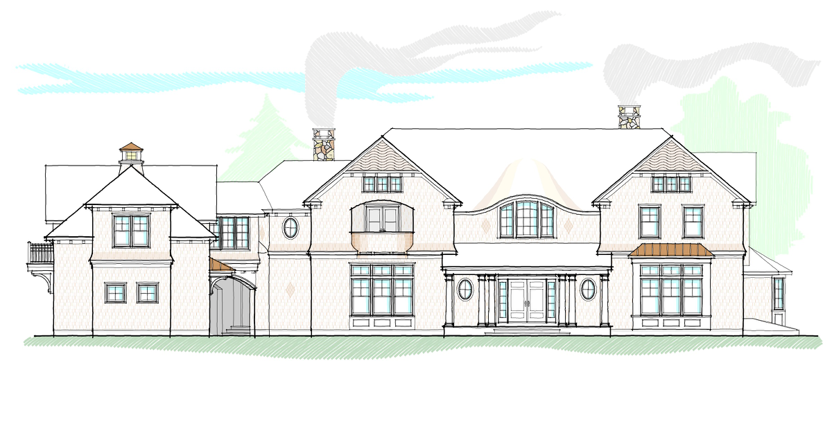 Sketch of a large, multi-story house with various rooflines, multiple windows, and two chimneys emitting smoke.