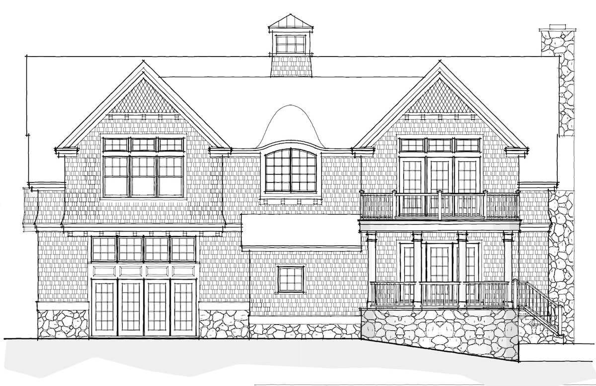 Architectural line drawing of a two-story house with multiple gables, large windows, balconies, a stone chimney, and stone foundation.
