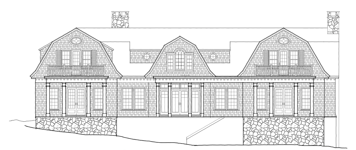 Line drawing of a large house with multiple gabled roofs, stone chimney's, and a front porch with columns.