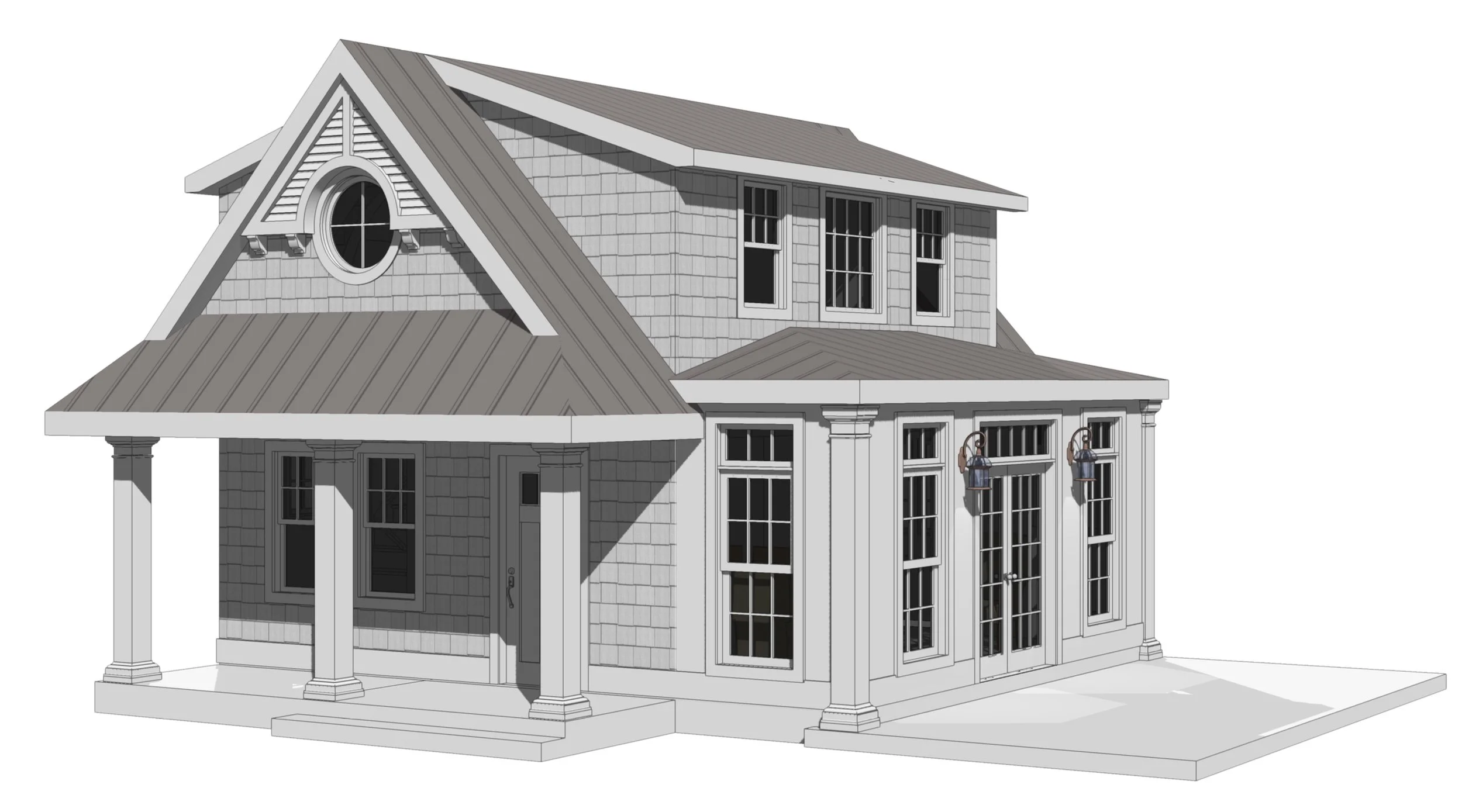 A digital rendering of a two-story house with a steep gabled roof, multiple windows, a covered porch with columns, and exterior wall sconce lights.