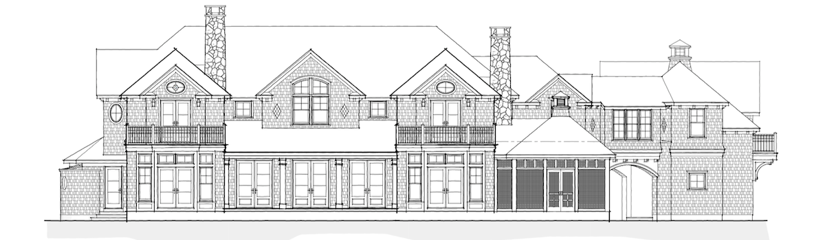Architectural blueprint of a large, multi-story residential house with multiple chimneys, balconies, and detailed exterior design elements.