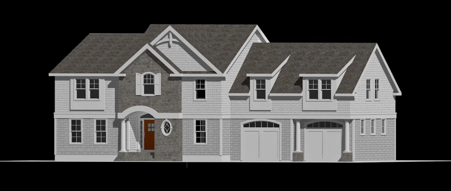 A digital rendering of a large two-story house with a mix of brick and stone exterior, multiple gabled roofs, and front porch pillars, set against a black background.