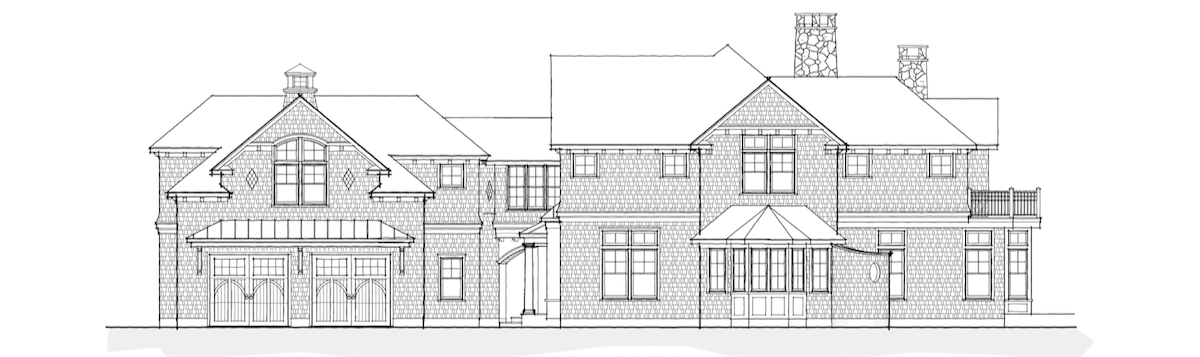 Line drawing of a large, multi-story house with garage doors, multiple chimneys, and various windows and rooflines.