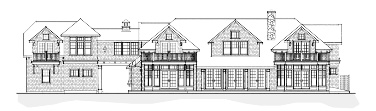 Architectural drawing of a large, multi-story house front elevation with multiple gabled roofs, large windows, a chimney, and a balcony.