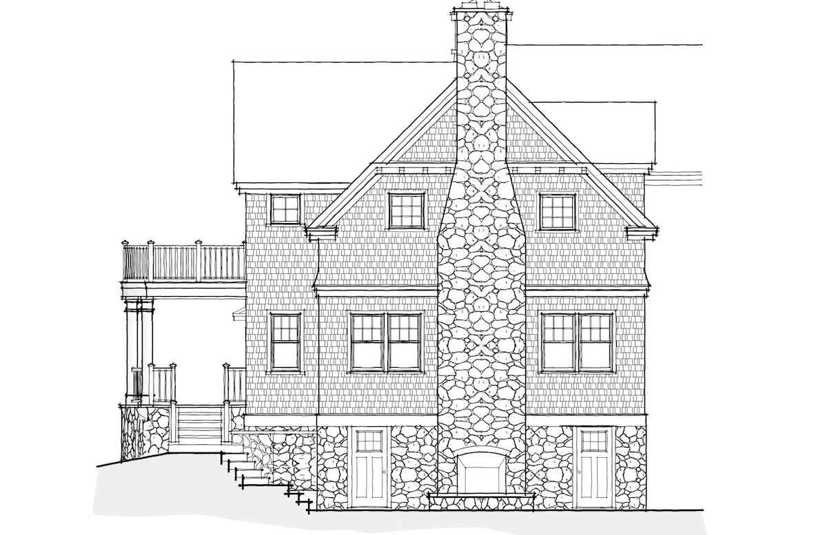 Architectural drawing of a multi-story house with a prominent stone chimney, stone foundation, and shingled exterior, featuring multiple windows and a deck on the left side.