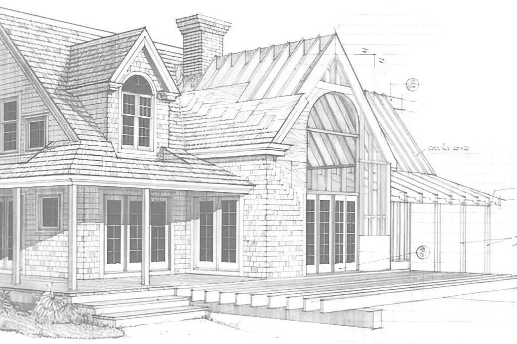 Architectural drawing of a house with multiple gabled roofs, large windows, brick exterior, and a small deck in front.