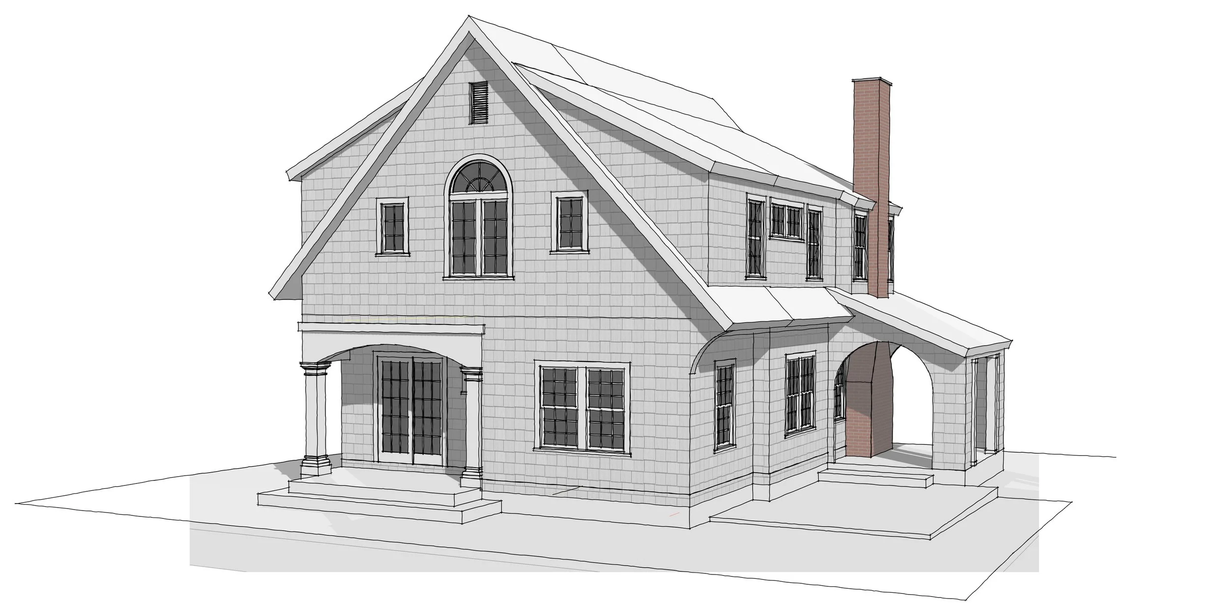 A detailed architectural sketch of a two-story house with multiple windows, a front porch with columns, an arched entryway, and a chimney, shown in grayscale with a touch of brick red on the chimney.