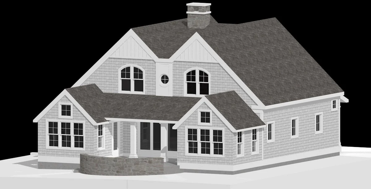 3D rendering of a two-story white house with multiple windows, a front porch, a stone foundation, and a chimney, set against a black background.