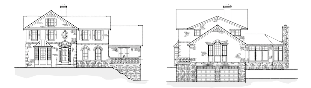 Architectural drawing of a two-story house with detailed front and side views, including features like a chimney, multiple windows, a garage, and a landscaped foundation.