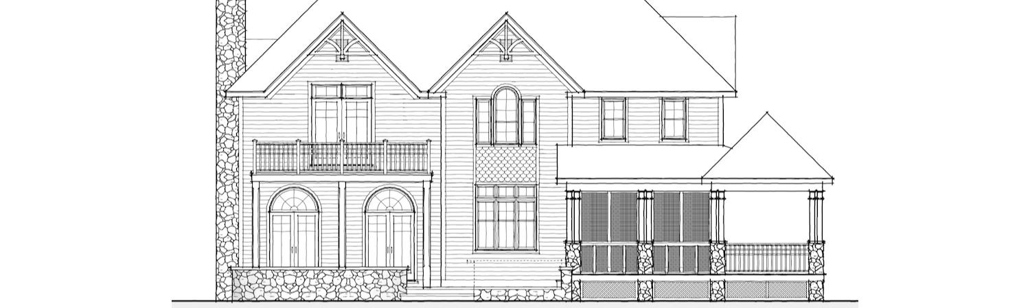 Architectural blueprint of a two-story house with a stone foundation, wooden siding, and a deck with porch railing.