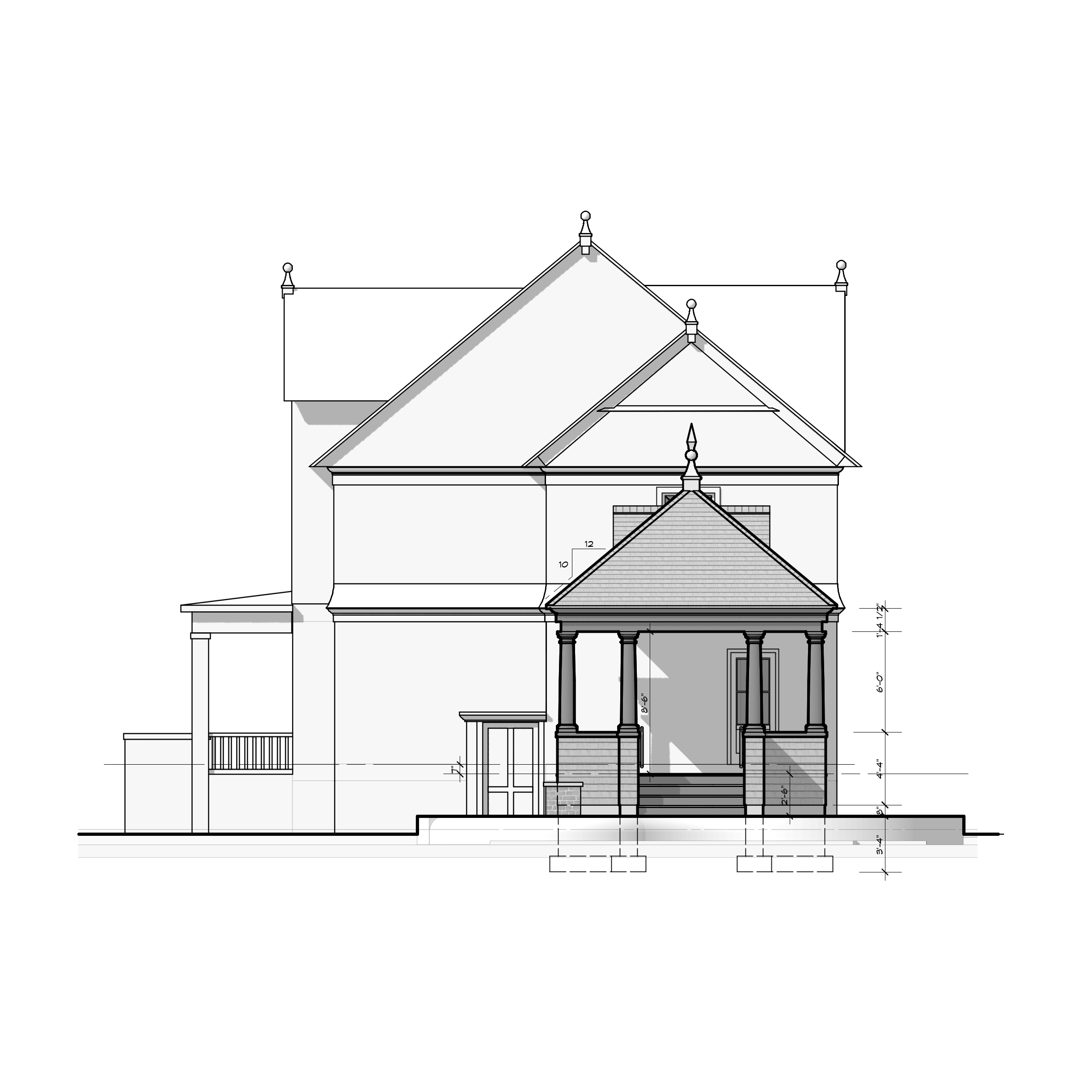 Black and white architectural drawing of a house with a porch, columns, steps, and detailed roof.