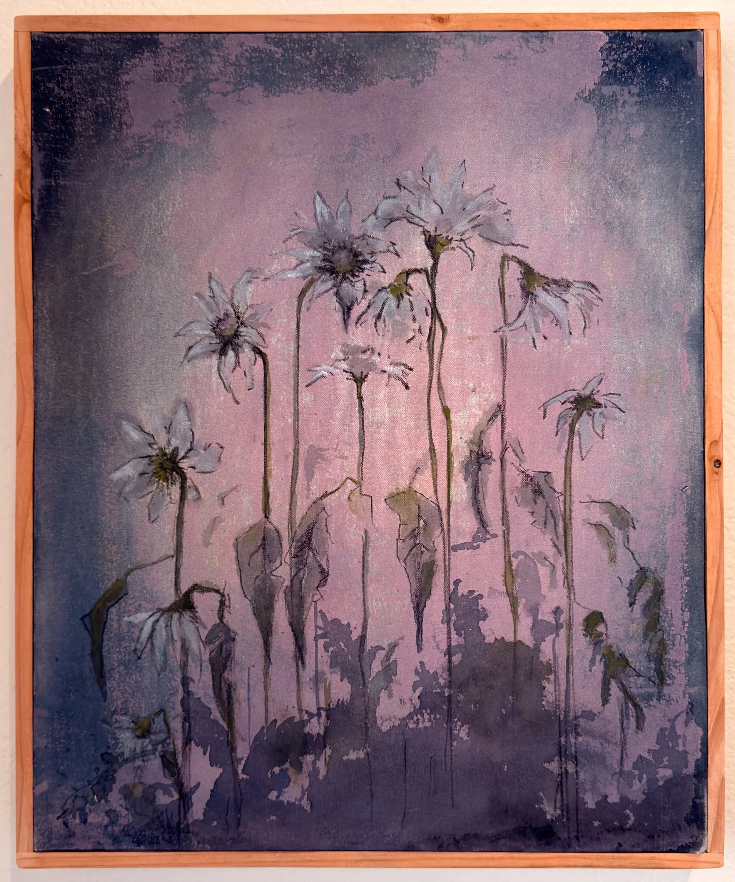 Misbehaving Daisies
Eco Paint on Organic Canvas, Salvaged Wood, 16” x 19“
