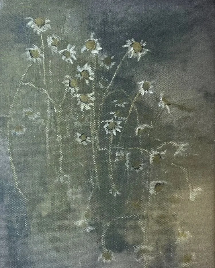 Every part of me hurts.
Eco paint and acorn dye on organic canvas, 3"x4"