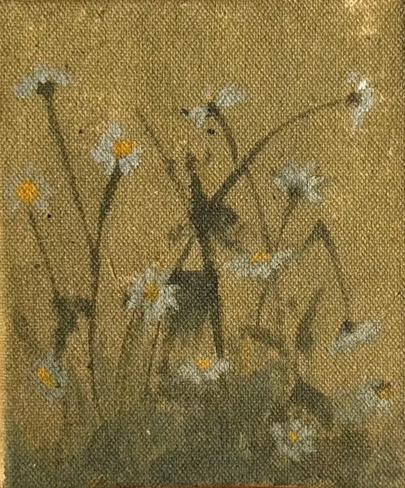 A painting of wildflowers, mostly white with yellow centers, on a yellowish textured background.