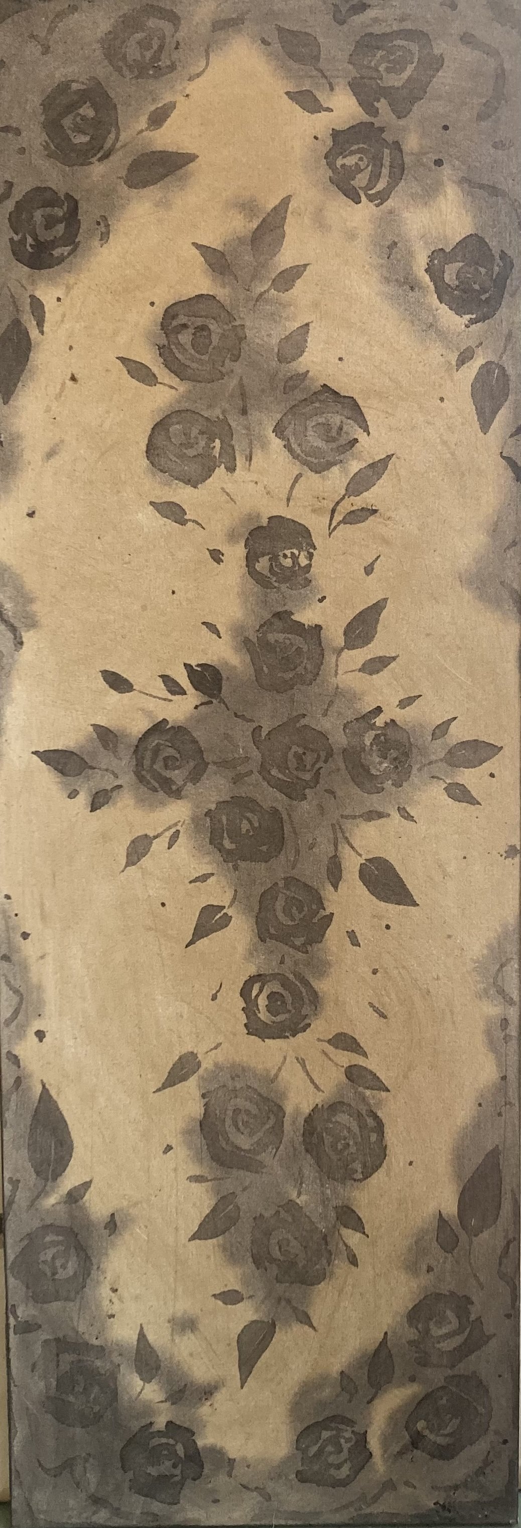 Desire and Dismay
Acorn Dye & Rust on Organic Canvas,, Salvaged Wood, 14” x 40”