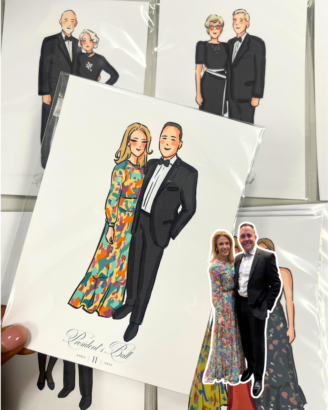 Custom wedding guest portrait illustration displayed next to the real couple at an Atlanta luxury wedding