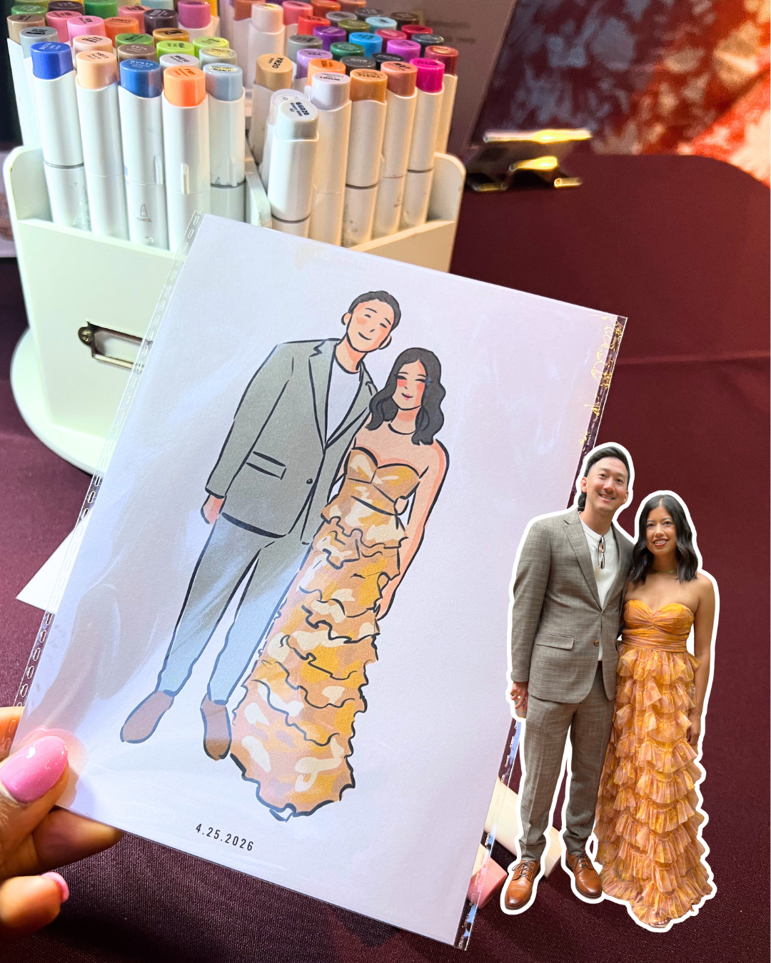 Luxury couple portrait illustration created from a real wedding guest photo, featuring elegant formalwear and fashion-style artwork.