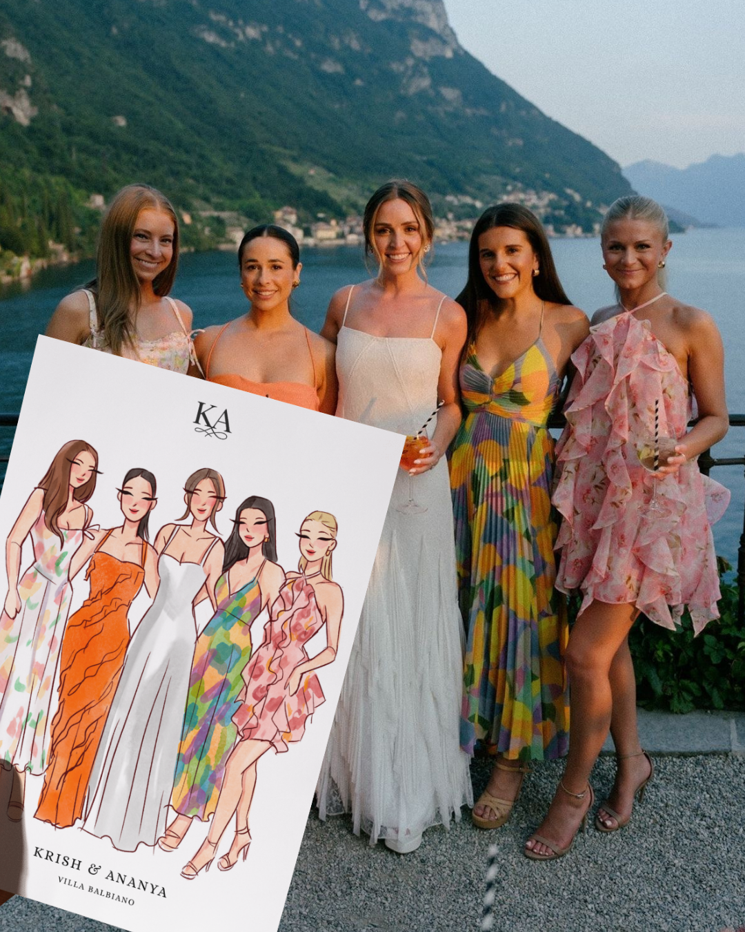 A group of five women standing near a body of water with mountains in the background, dressed in colorful dresses, holding drinks, at sunset.
