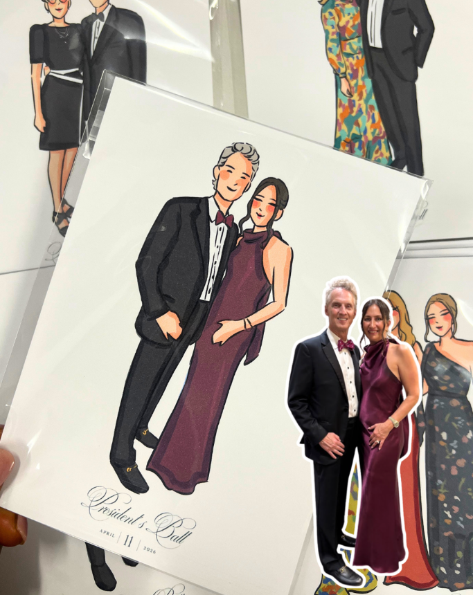 Side-by-side comparison of event guests in formal wear and their custom portrait by a live guest illustrator.