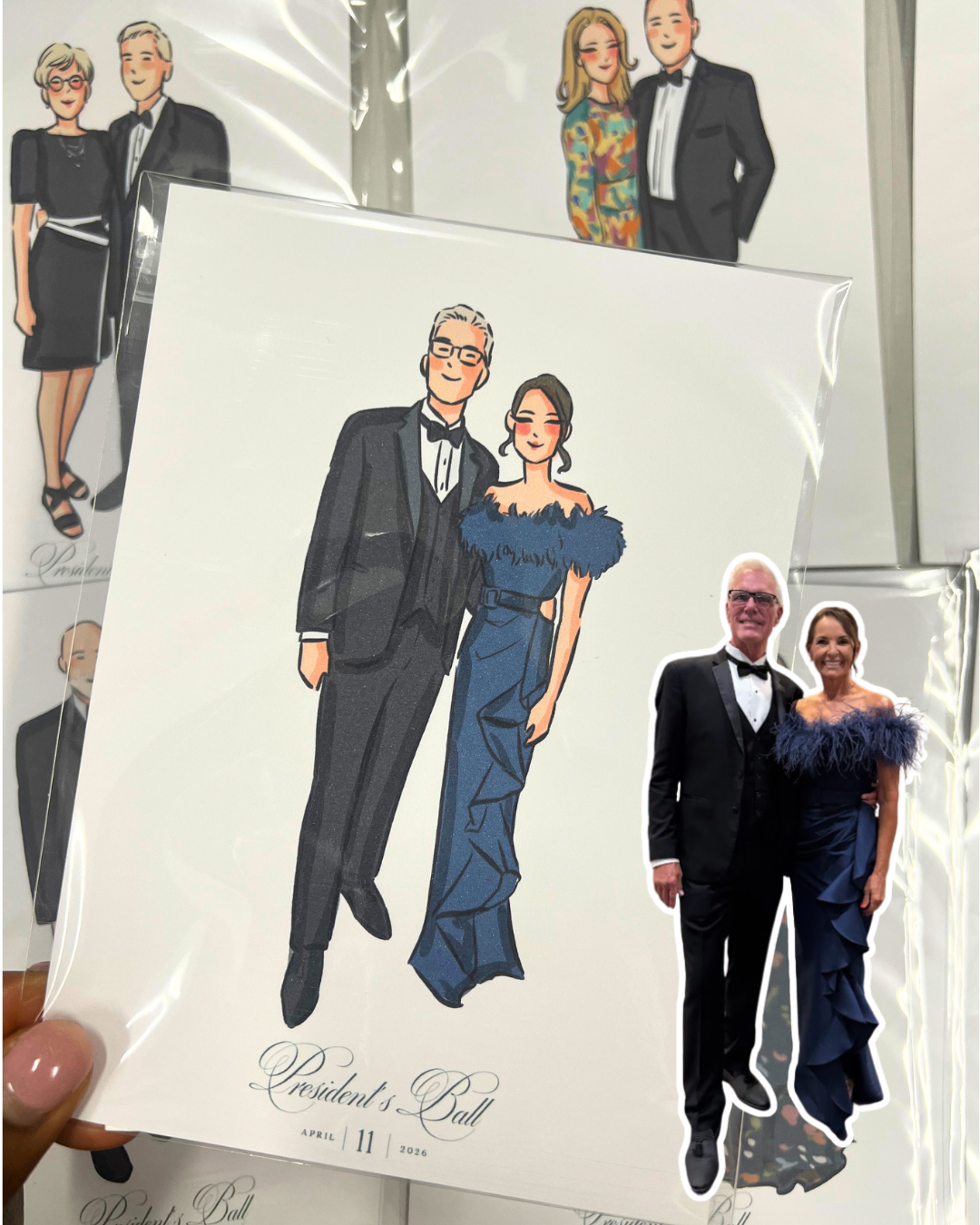 Side by side guest photo and custom fashion sketch created by a live event illustrator in Chicago