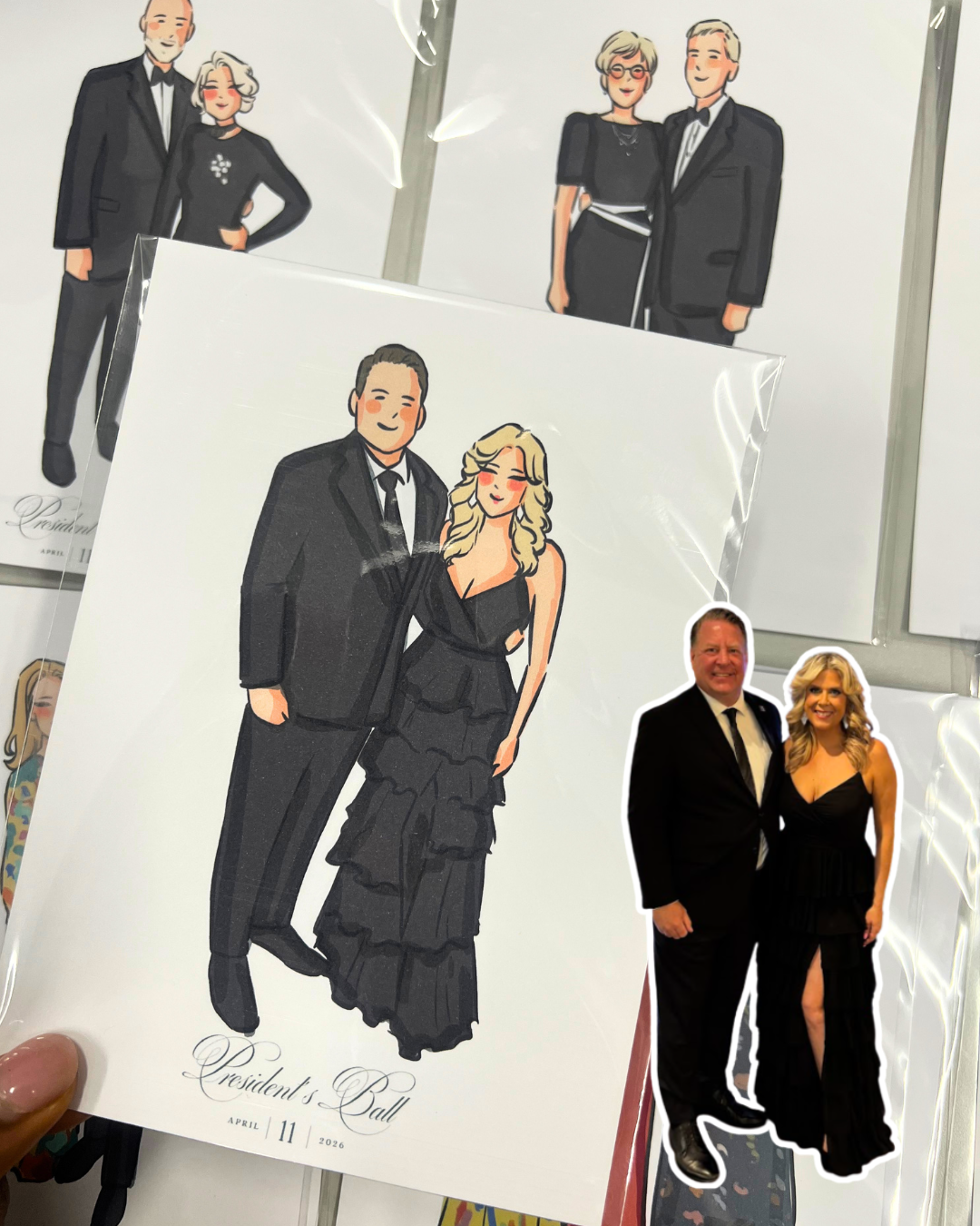 High end Scottsdale event guest portrait illustrated live beside the original guest reference photo. There is also a real photograph of the same couple in similar attire, labeled 'President's Ball April 11, 2026'.