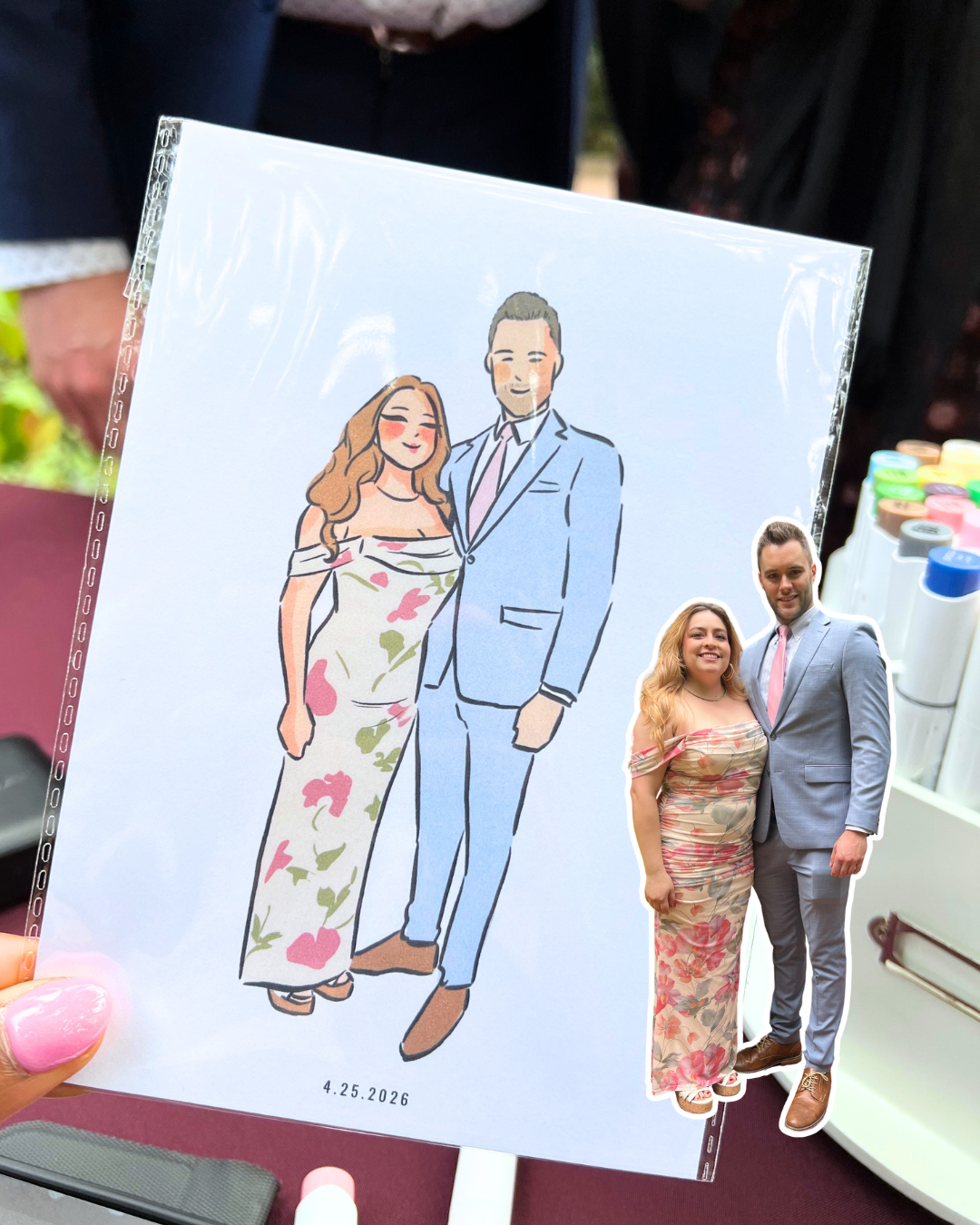 Elegant custom wedding illustration featuring a couple in formal attire with their wedding date, inspired by a romantic California wedding celebration and displayed beside the original image.