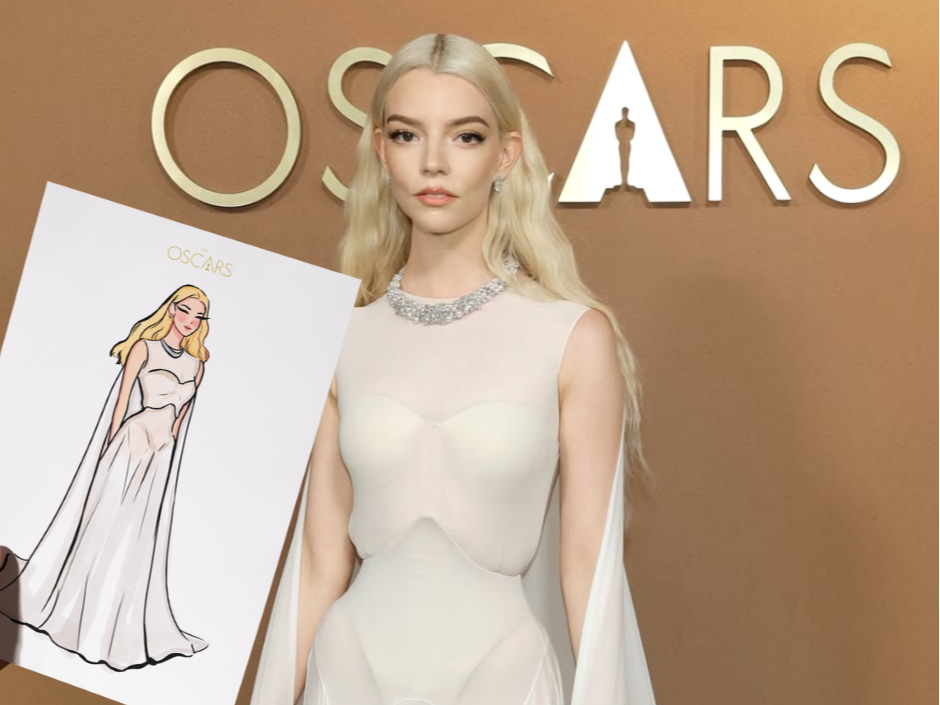 A woman with curly black hair holding a stylus and working on a digital drawing of a man and woman in formal attire, in an event setting with blurred guests in the background.