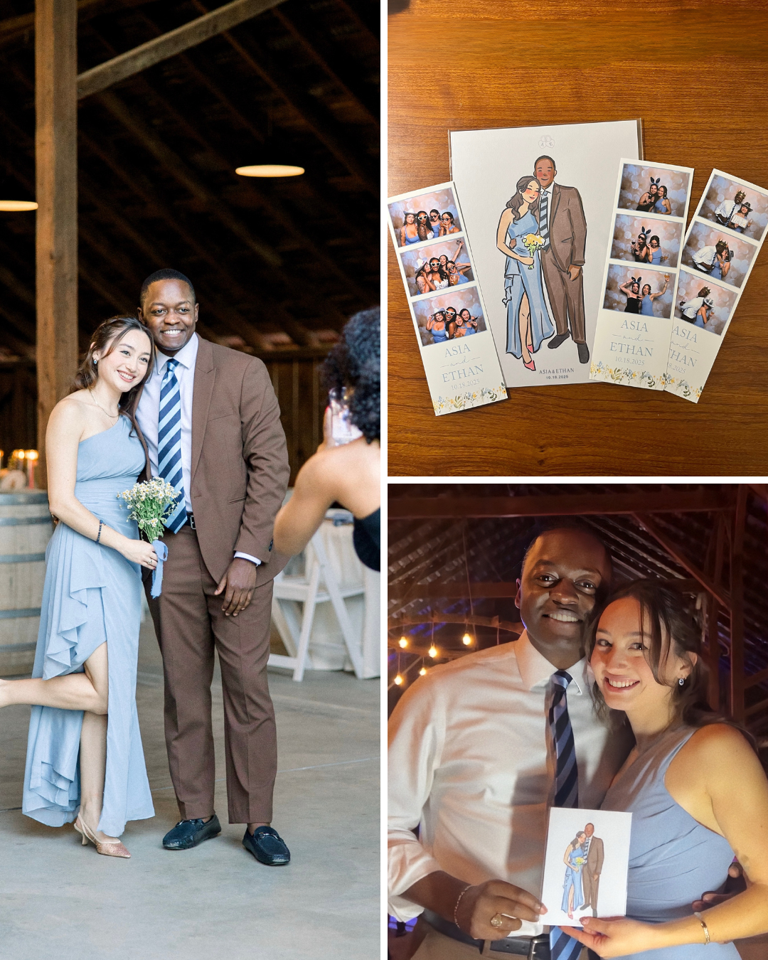 Collage of wedding photos including a couple posing, wedding favor cards with an illustration of the couple, and a man and woman posing with a wedding portrait at a reception.