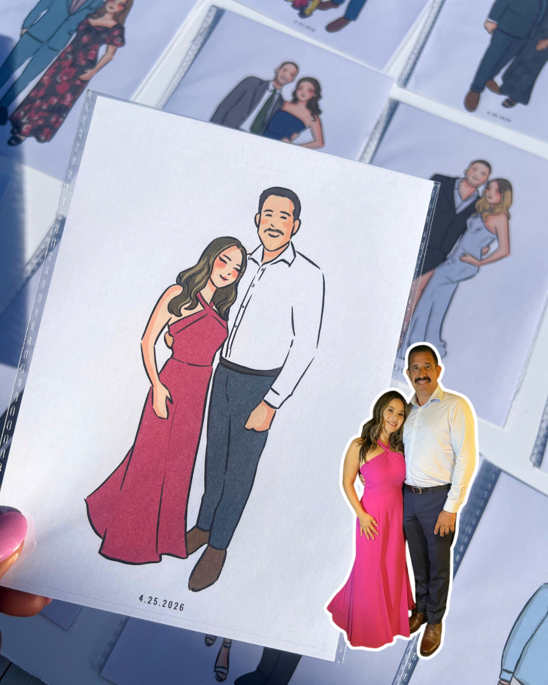 Luxury wedding guest illustration beside the real couple photo at an upscale Dallas wedding reception by a live fashion illustrator