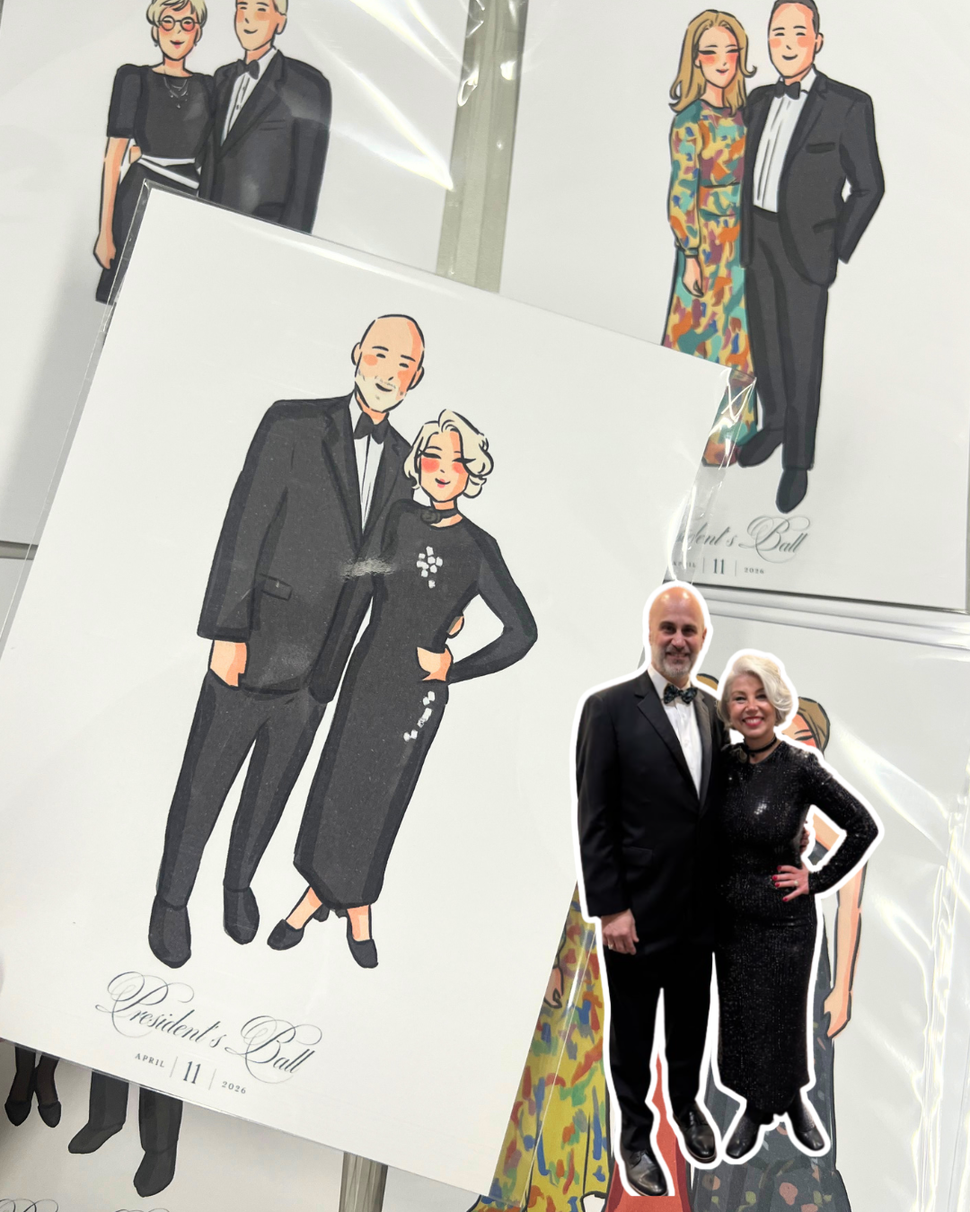 Destination wedding guest illustration in California showing the real couple beside their fashion portrait