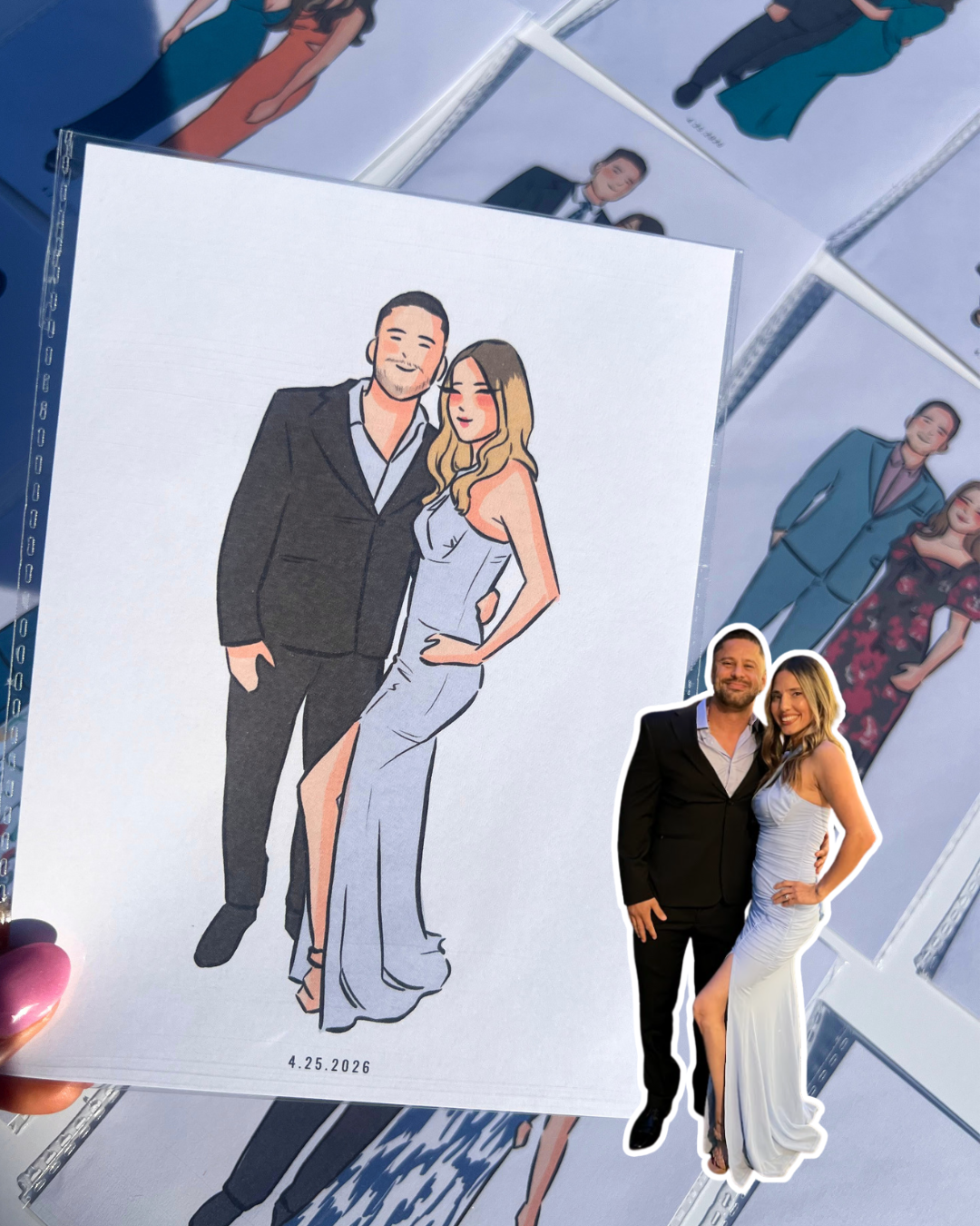 Elegant wedding guest posing next to a hand drawn portrait keepsake from a luxury Miami wedding event