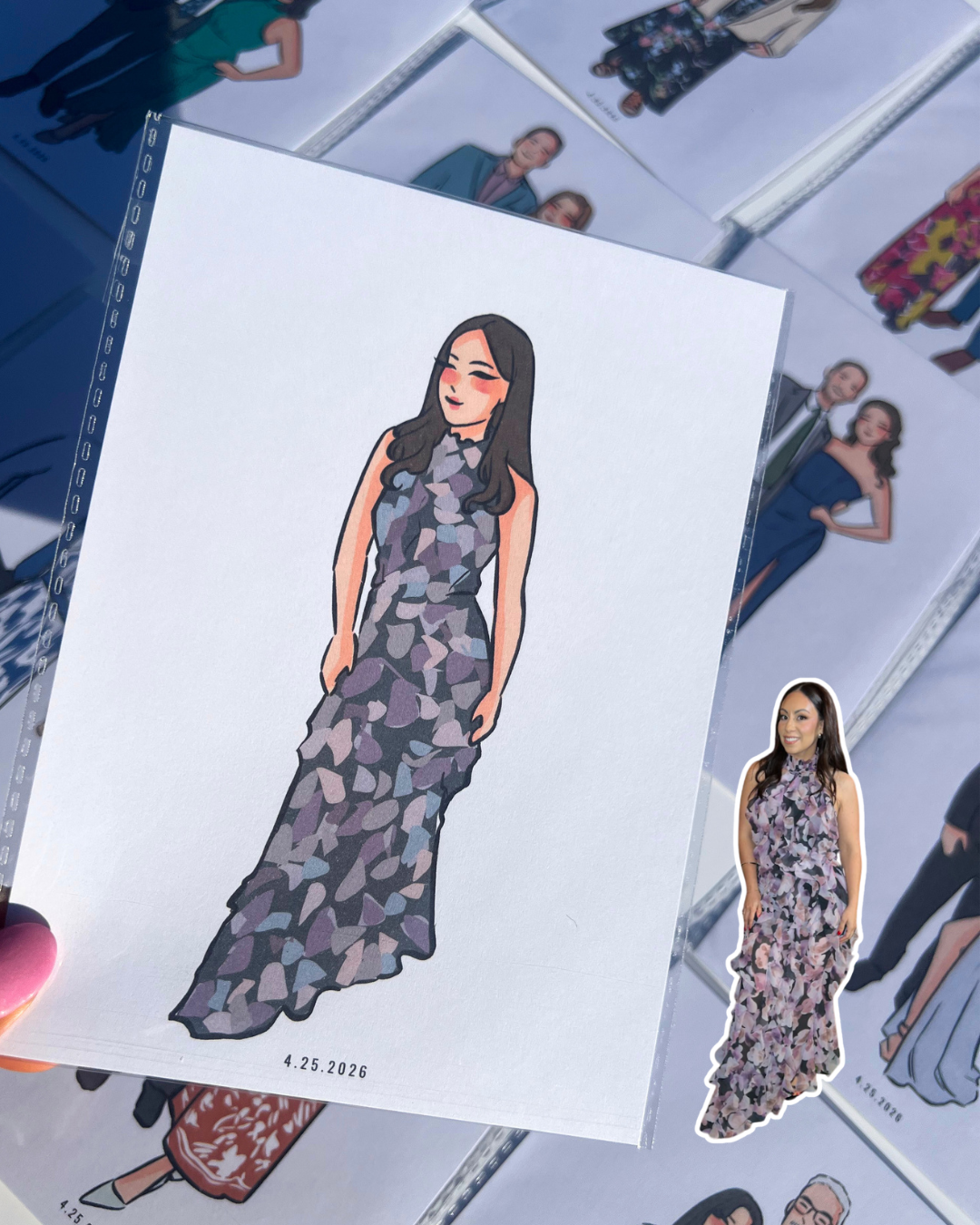 Real wedding couple photo compared with a custom live illustration at a luxury New York wedding