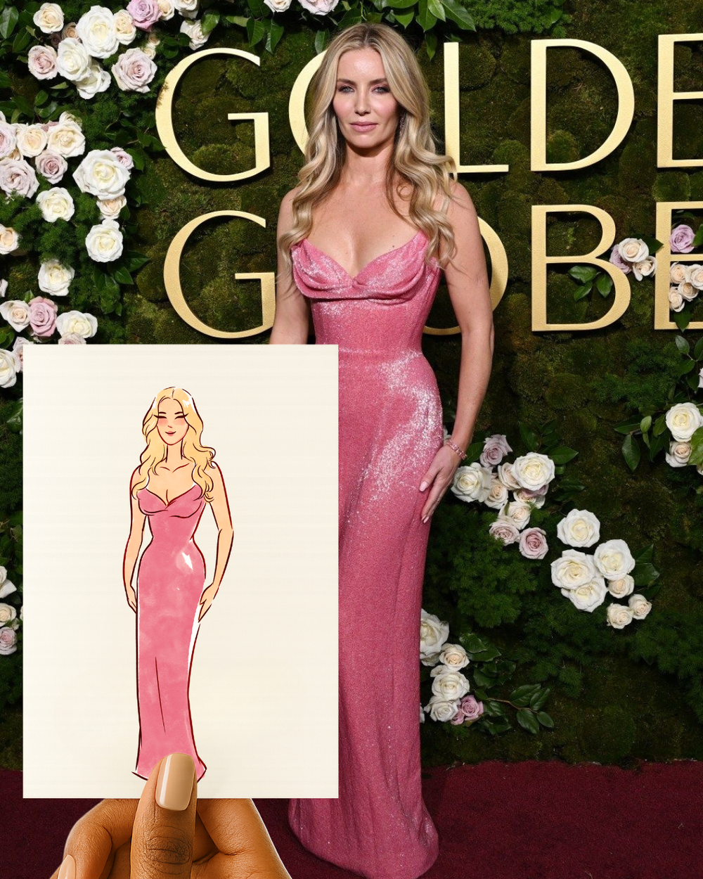 A woman in a pink, shiny gown standing in front of a floral backdrop with the words "GOLDEN GLOBE".
