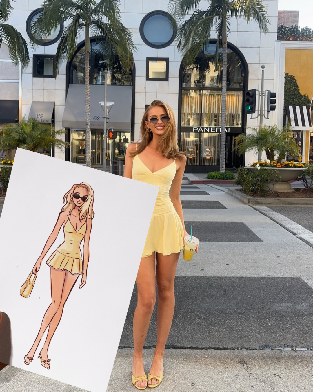 A young woman in a yellow dress and yellow heels standing on a city street with palm trees and modern buildings, holding a drink, with a cartoon illustration of herself in a similar outfit and pose in the foreground.