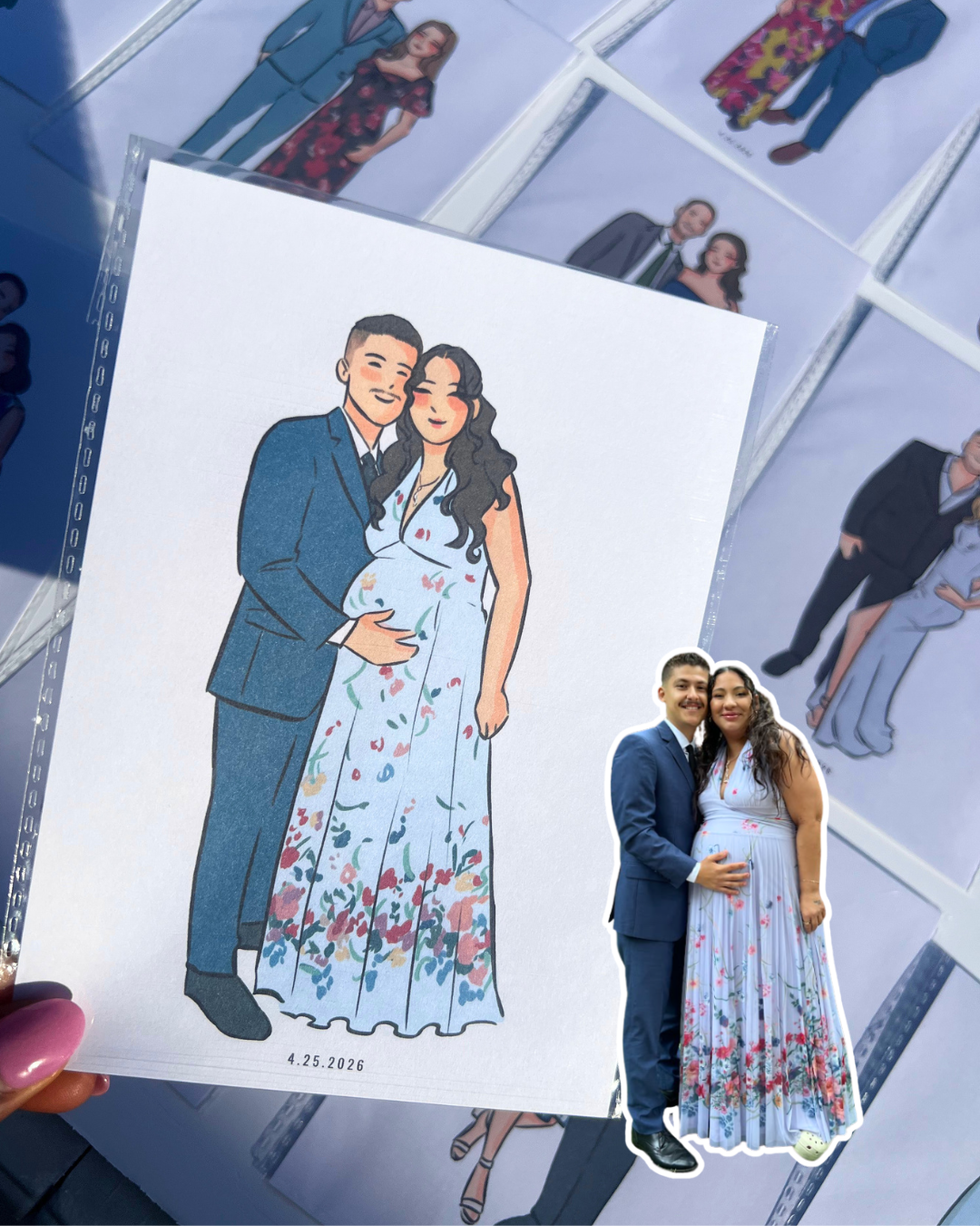 Luxury gala attendee photographed beside their custom fashion sketch created live at a Houston event