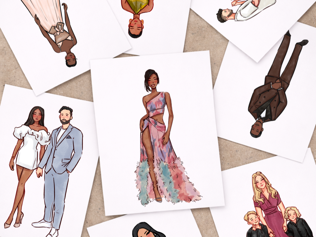 A woman with curly black hair holding a stylus and working on a digital drawing of a man and woman in formal attire, in an event setting with blurred guests in the background.