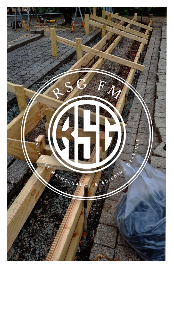 Construction site with wooden frames and gravel for sidewalk or pathway, with tools and paving bricks visible, overlaid with a logo reading 'RSG FM' and 'Facilities Maintenance & Building Services'.