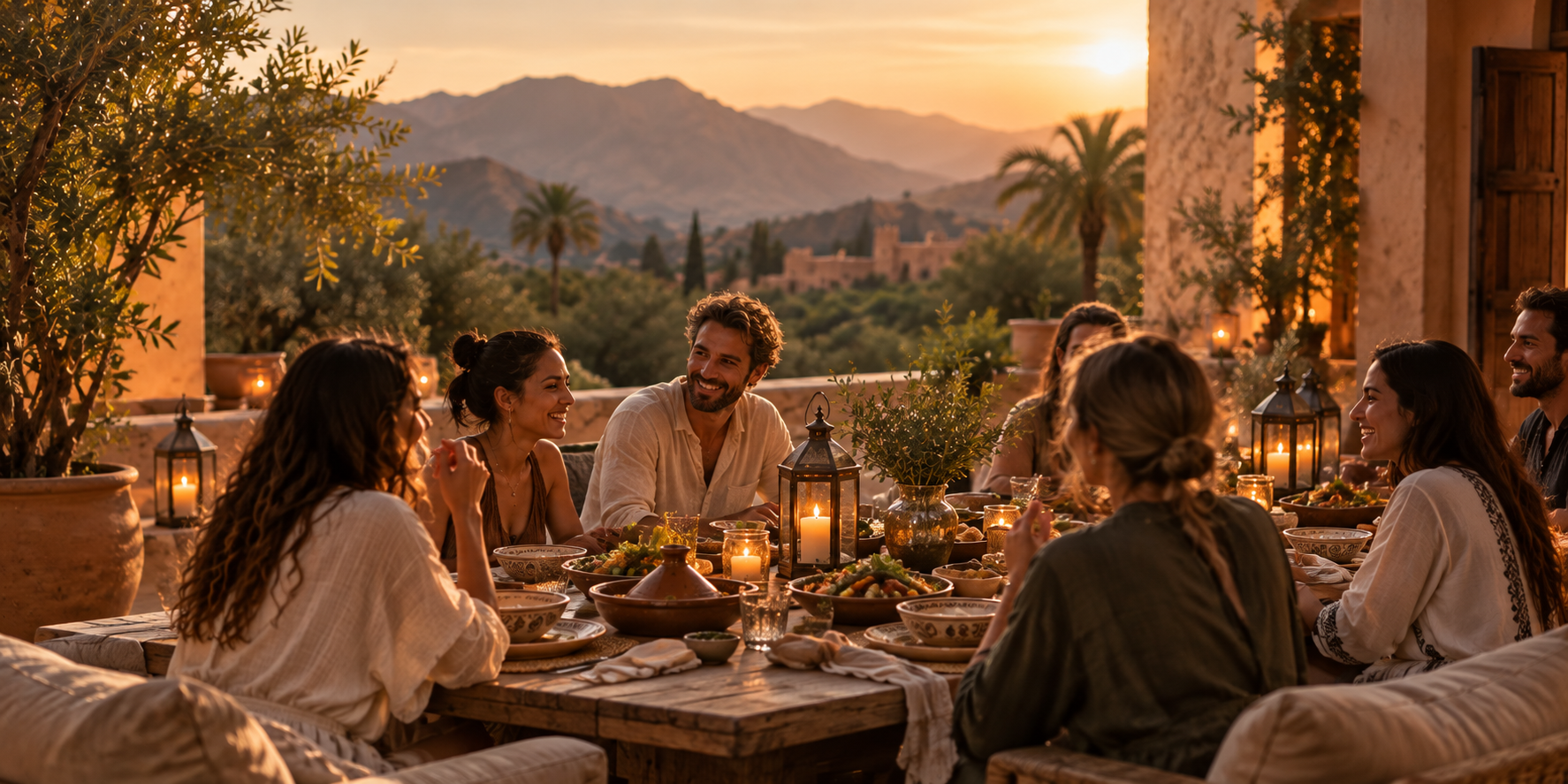 Guests sharing a nourishing meal at a wellness retreat overlooking the Atlas Mountains in Morocco.