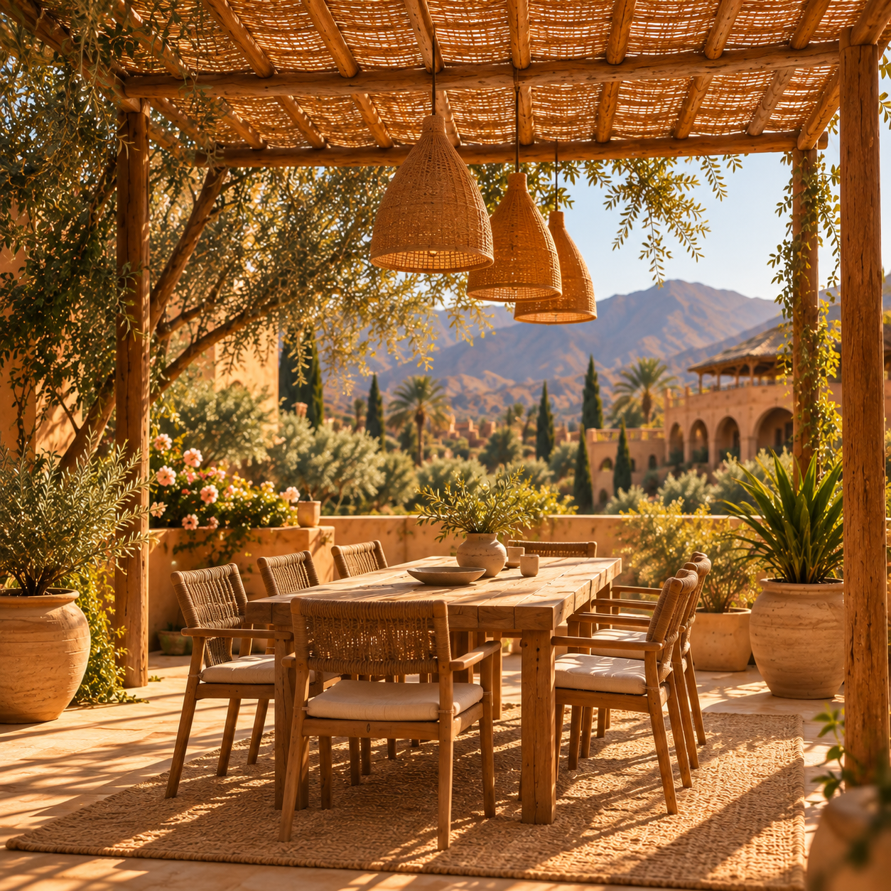 Outdoor dining terrace surrounded by olive trees with Atlas Mountains views at a Morocco retreat in Bab Zouina.