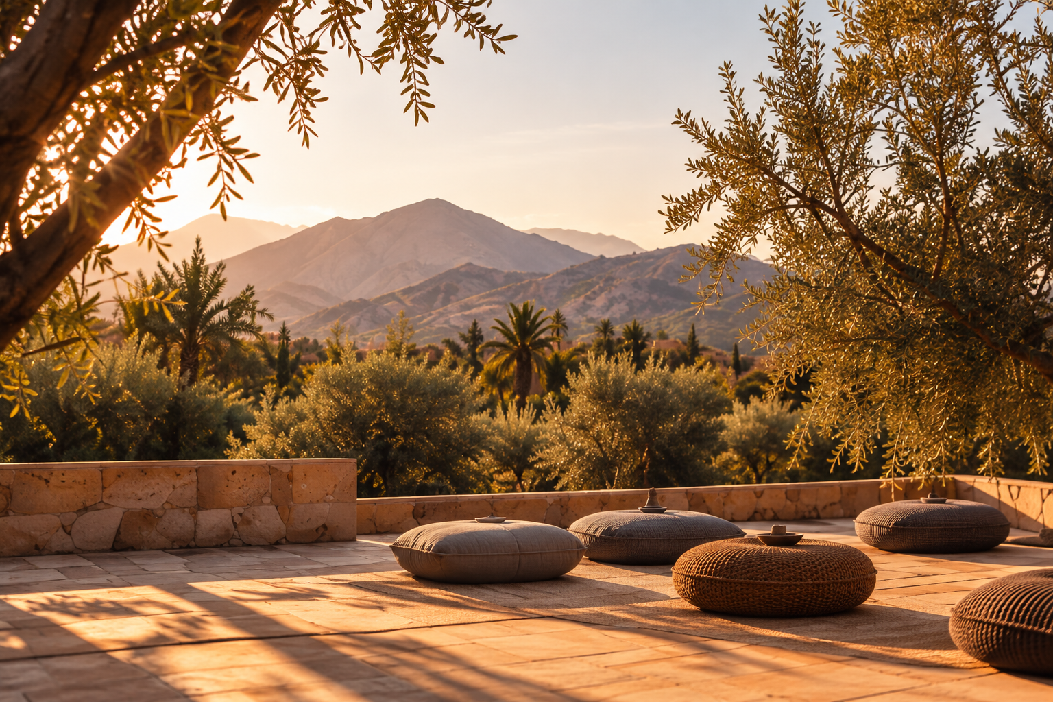 Outdoor meditation terrace surrounded by olive trees with views of the Atlas Mountains in Morocco.