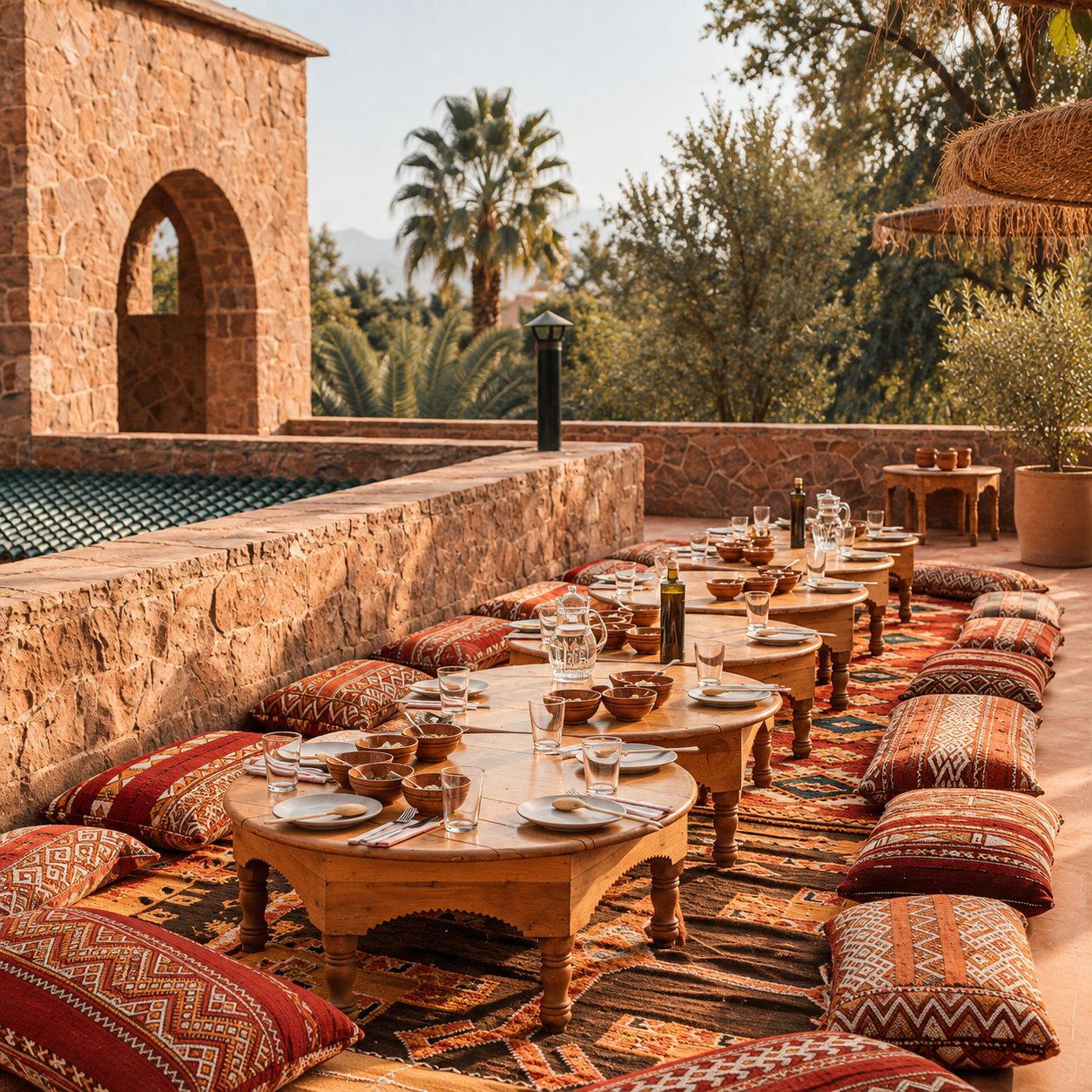 Traditional outdoor dining terrace set for a shared meal at Bab Zouina retreat near Marrakech, Morocco.