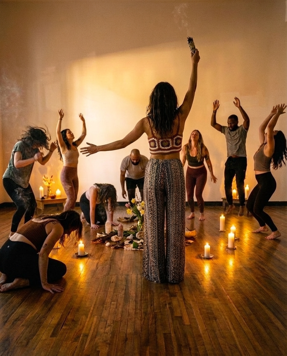 Somatic release workshop at Studio Sukūn in Montreal with breathwork, movement, and emotional expression