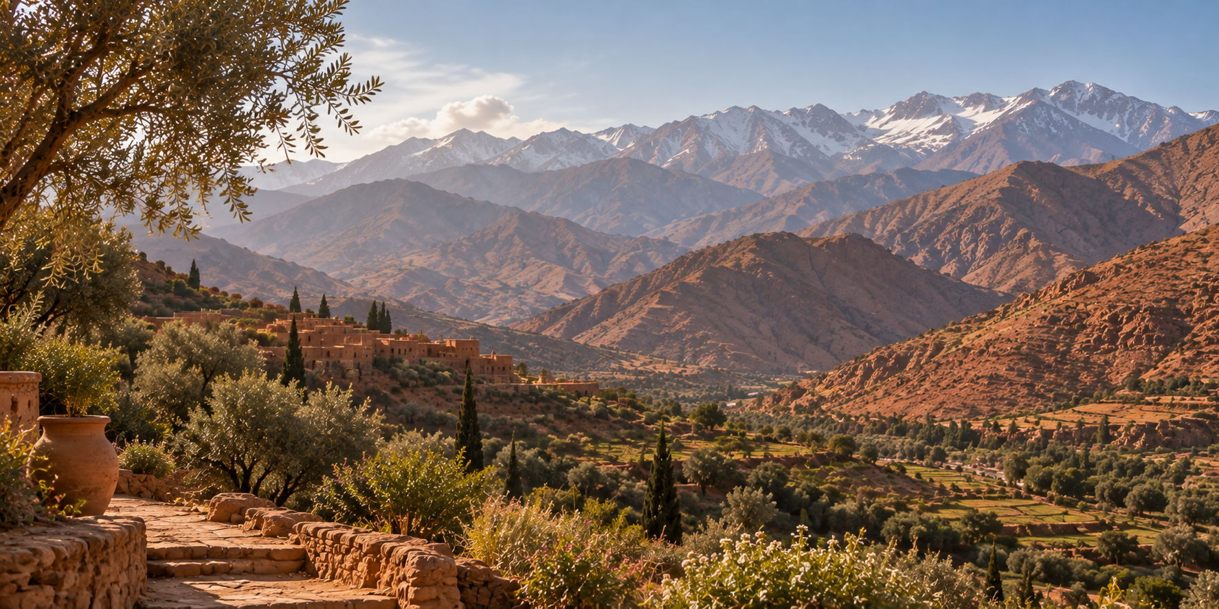 Atlas Mountains landscape near Marrakech, Morocco, surrounded by olive trees and traditional villages.