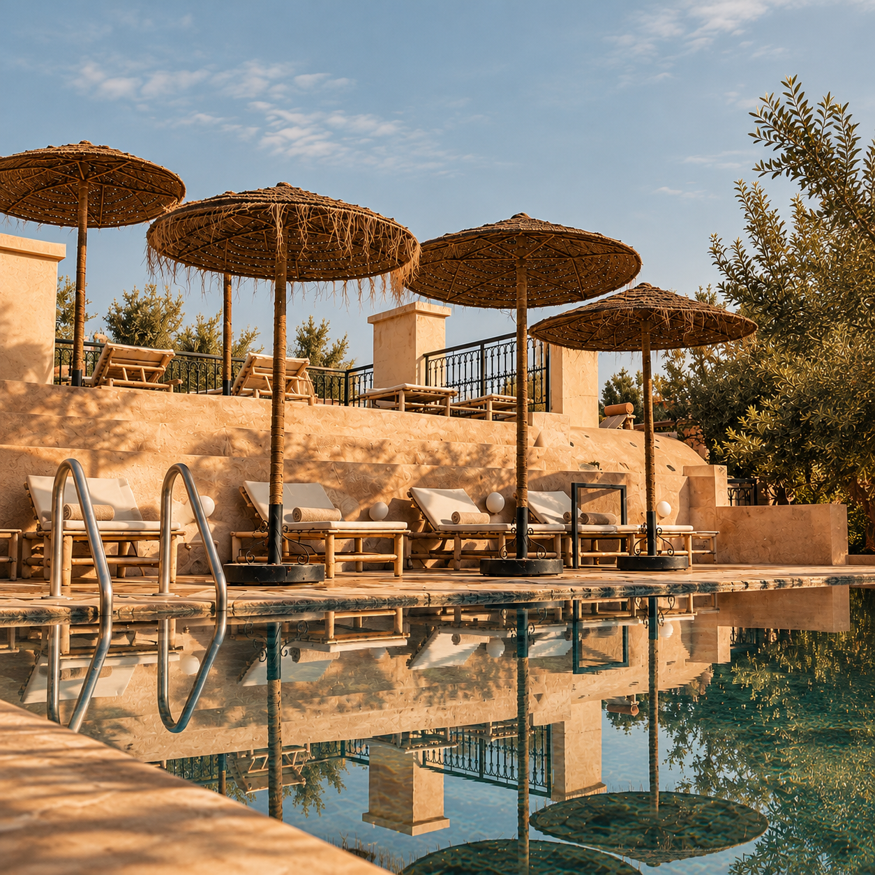 Swimming pool and sun terrace at Bab Zouina yoga retreat near Marrakech, Morocco.