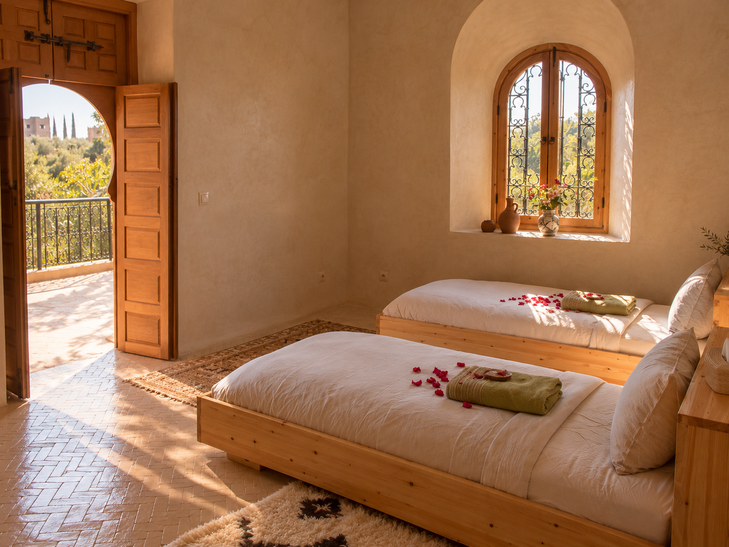 Peaceful twin bedroom with traditional Moroccan architecture at Bab Zouina yoga retreat near Marrakech, Morocco.